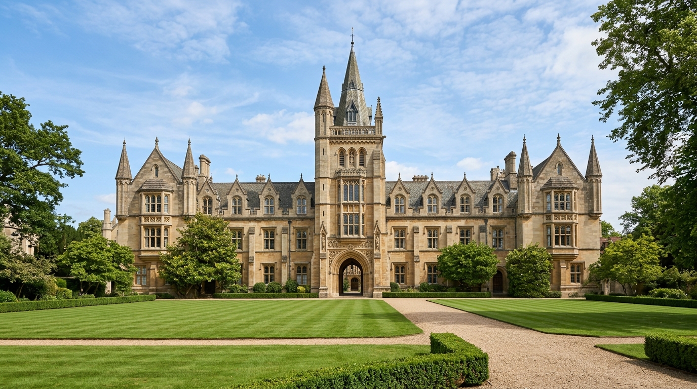 A prestigious British university campus with classical stone architecture and manicured lawns.