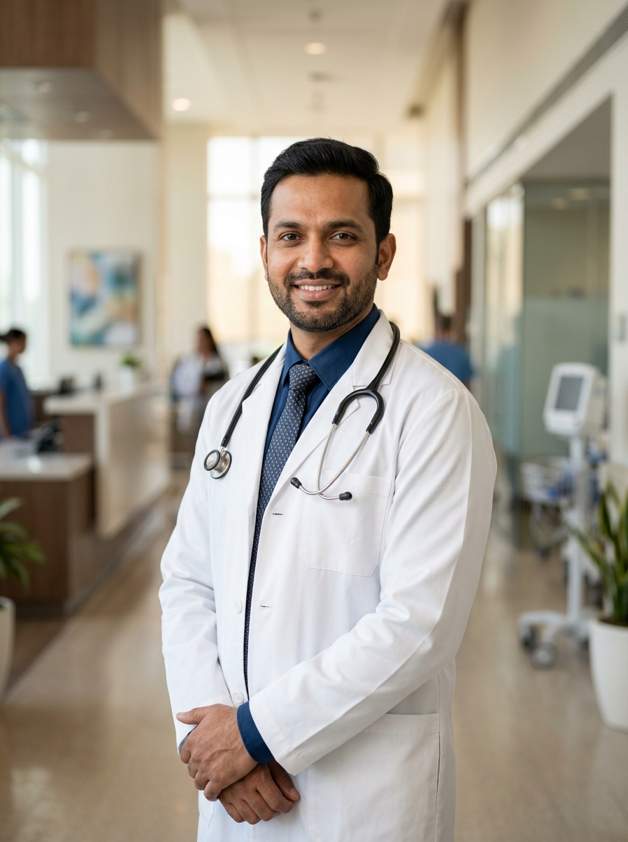 Indian male doctor in white lab coat with stethoscope in a modern hospital setting.