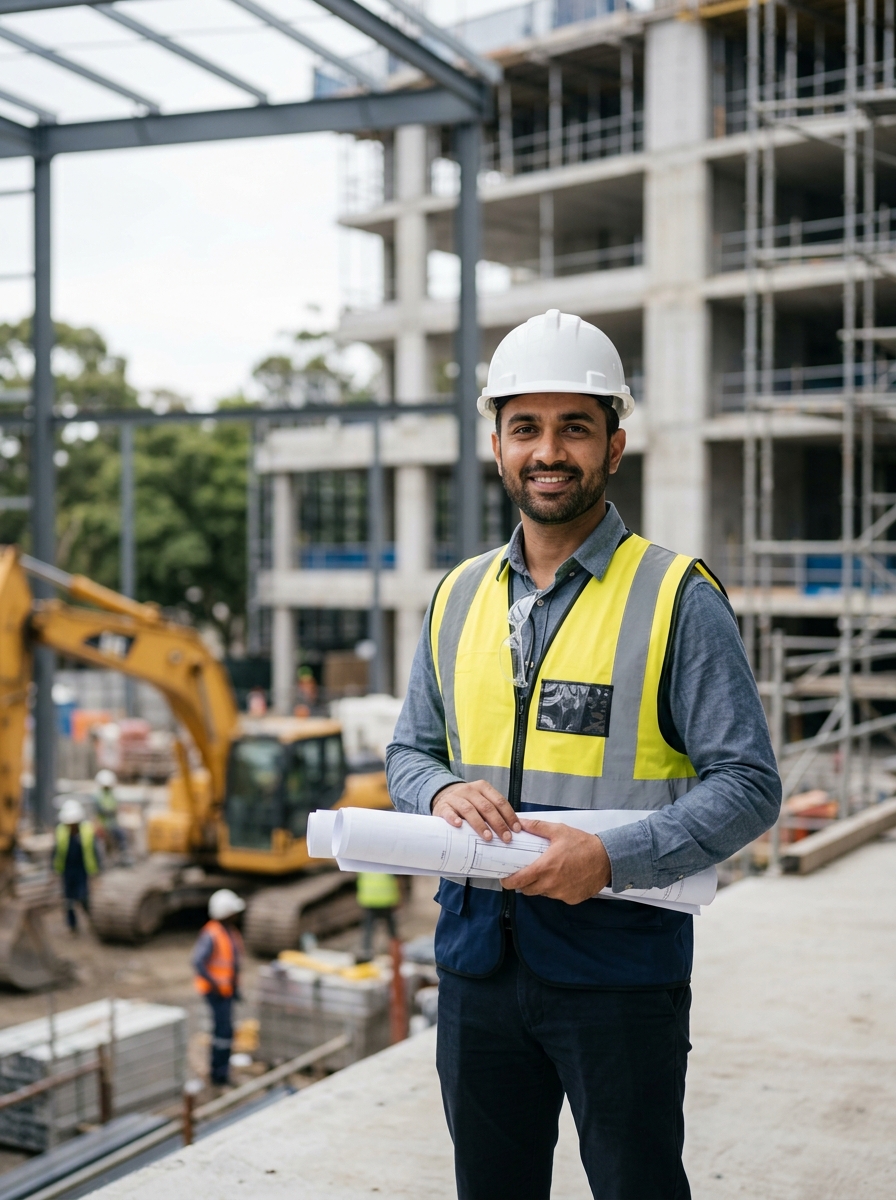 Indian male engineer in hard hat and high-visibility vest holding blueprints at a construction site.