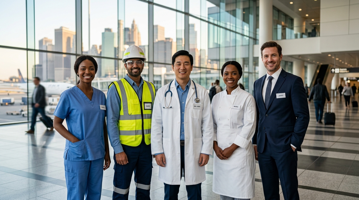 Diverse group of international professionals — nursing, engineering, medicine, hospitality and corporate — representing the range of careers Nexora International supports.