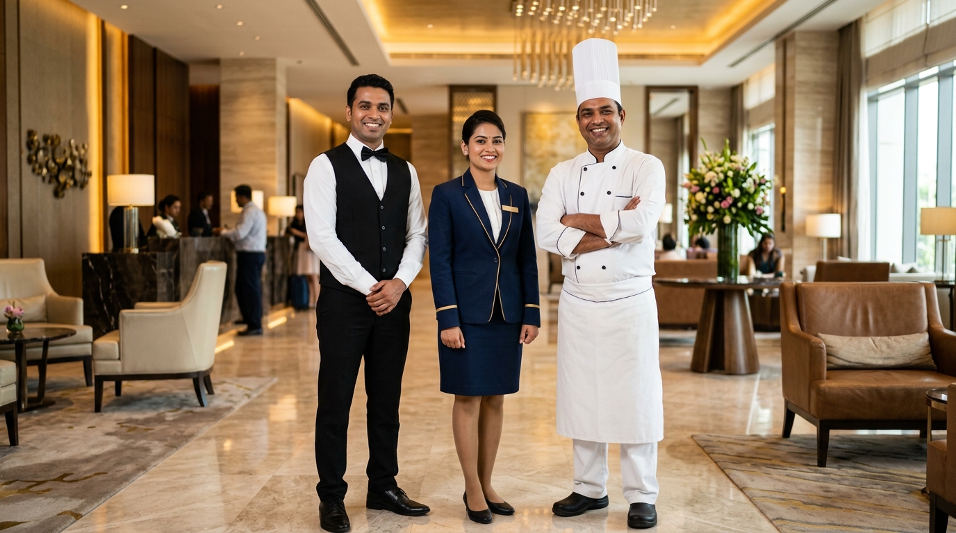 Indian hospitality professionals — waiter, hotel staff and chef — in a luxury hotel lobby.