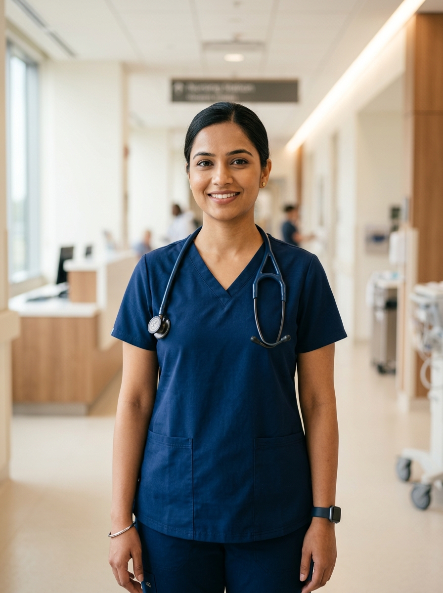 Indian female nurse in navy scrubs, representing nursing career opportunities through Nexora International.