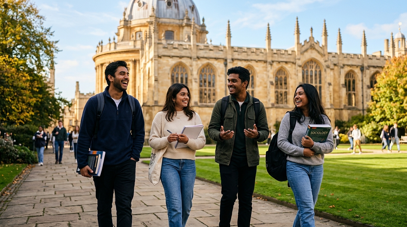 Group of South Asian students walking and laughing together on a British university campus in autumn.